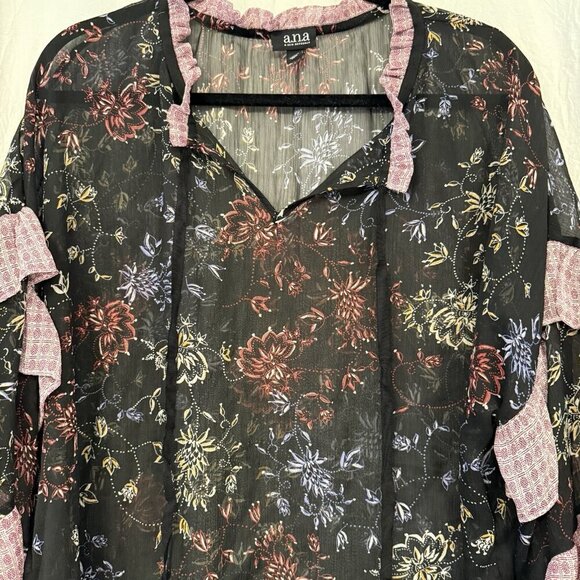 A.n.a Top Women’s 2X Red Black Dark Floral Tiered Bell Sleeves L Sheer Top Fall - Picture 2 of 11
